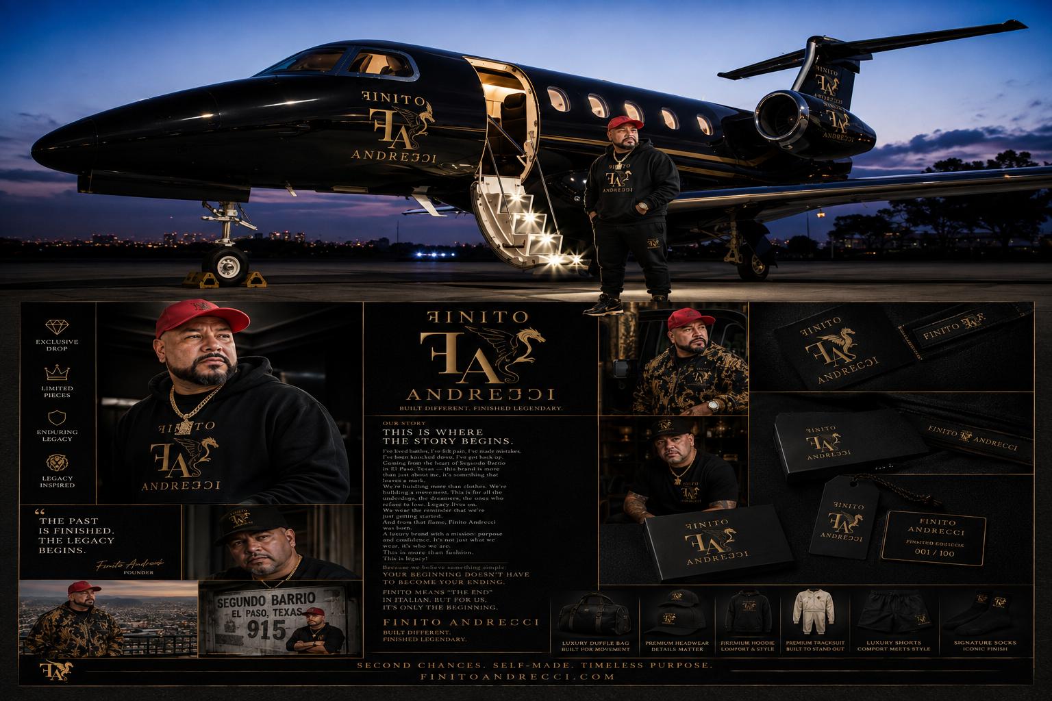 Finito Andrecci editorial — founder wearing the collection across hoodie, sweats, tee, bomber, cap, and packaging