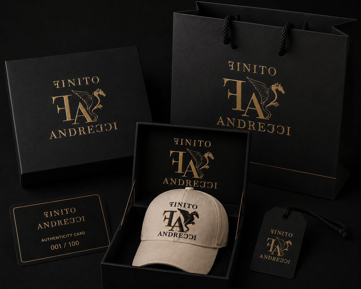Finito Andrecci Heritage Cap capsule — front, back, side, top, interior label, and authenticity card