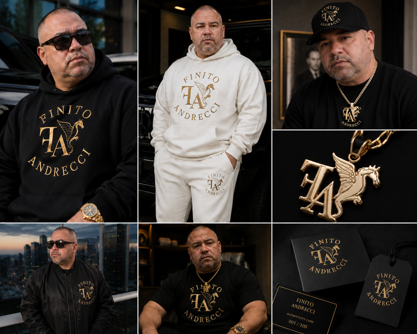 Finito Andrecci editorial — founder wearing the collection across hoodie, sweats, tee, bomber, cap, and packaging