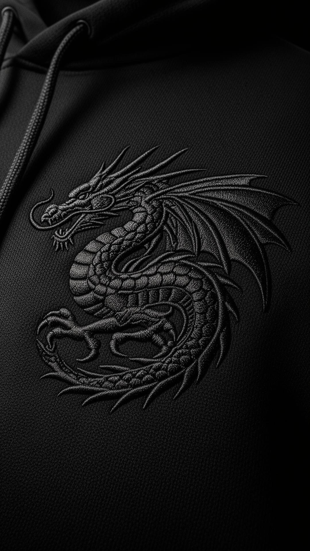 Close-up of embroidered dragon emblem on black hoodie